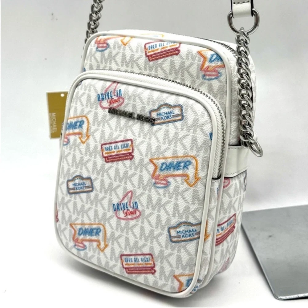 Michael Kors Jet Set Medium Printed Signature Logo Crossbody Bag Optic White
